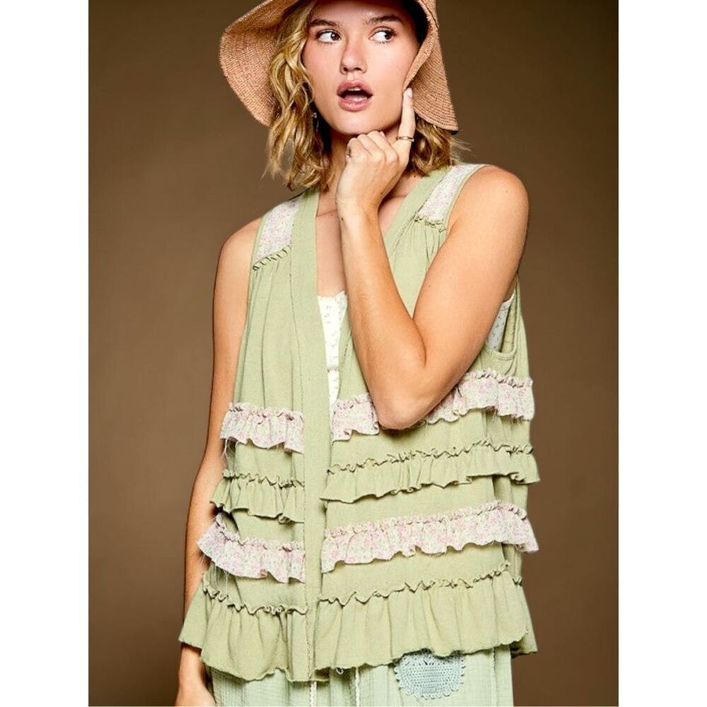 POL Ruffle Open Front Vest Cardigan Sage Boho Layering Sleeveless Top Medium NEW
